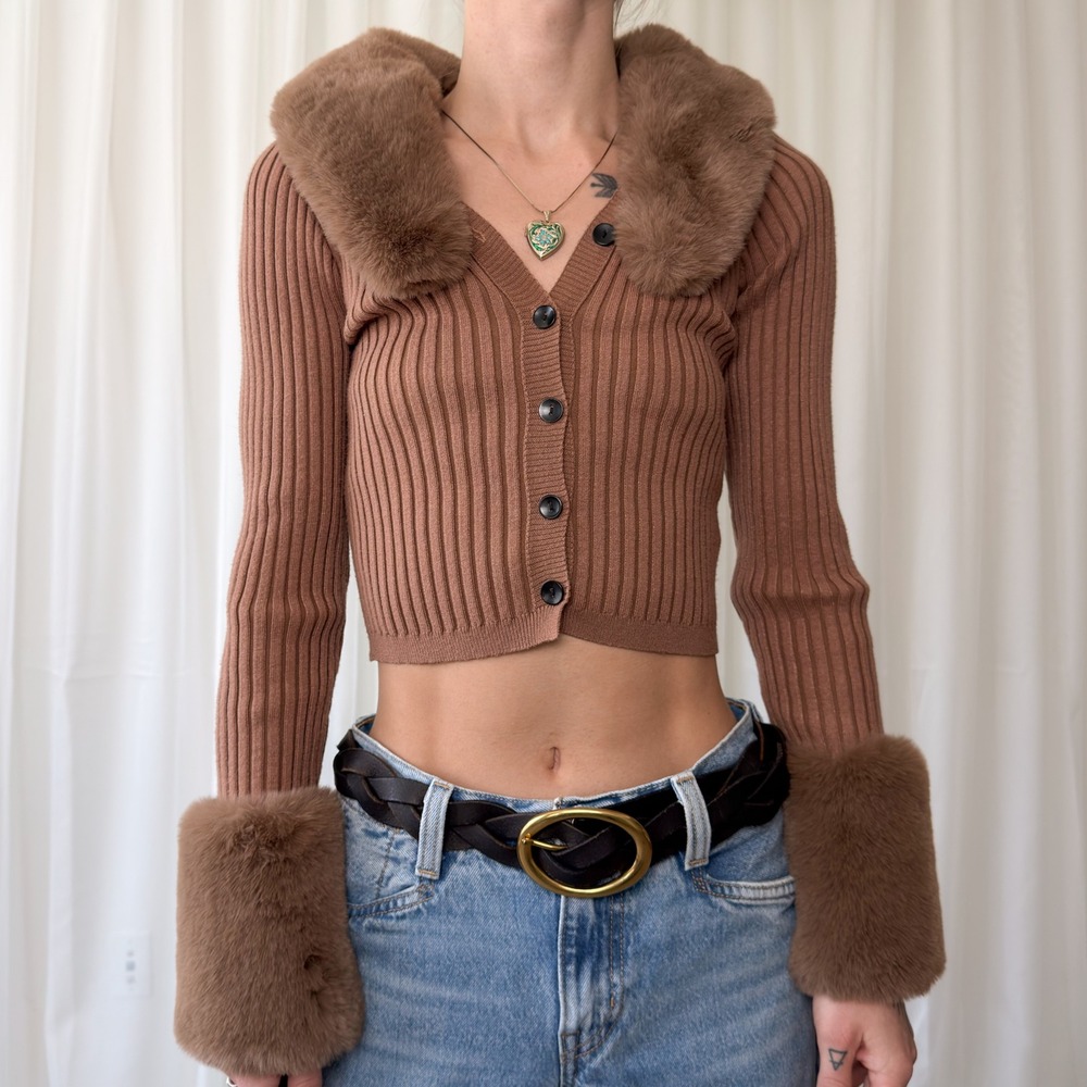 Brown Faux Fur Trim Cardigan Cropped Button Up Fur Collar Cuffs Knit Women's S